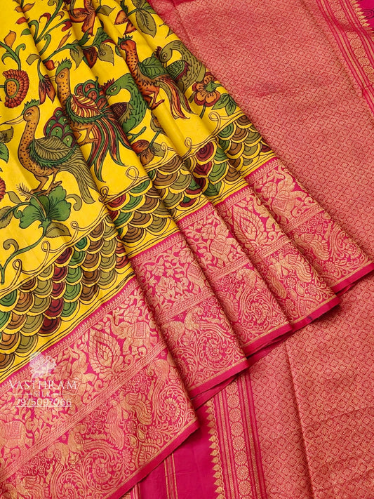 Yellow Colour Kanchivaram Silk Saree With Pen Kalamkari All over Code : KA0410