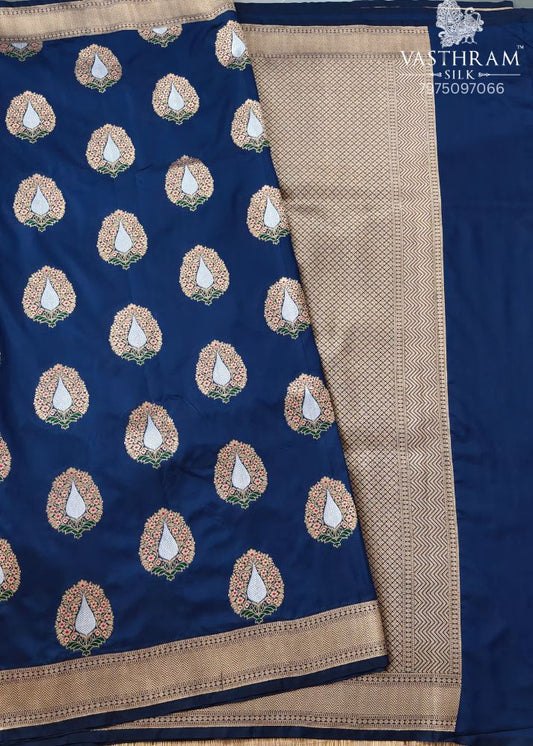 Blue Colour Semi Katan Banarasi Saree With Zari Butta All Over Code : VB0467