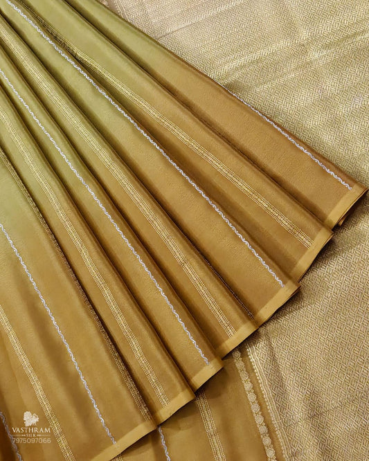 Mehandi Green And Gold Colour Mysore Crepe Silk Saree With Zari Strips All Over Code : MC012