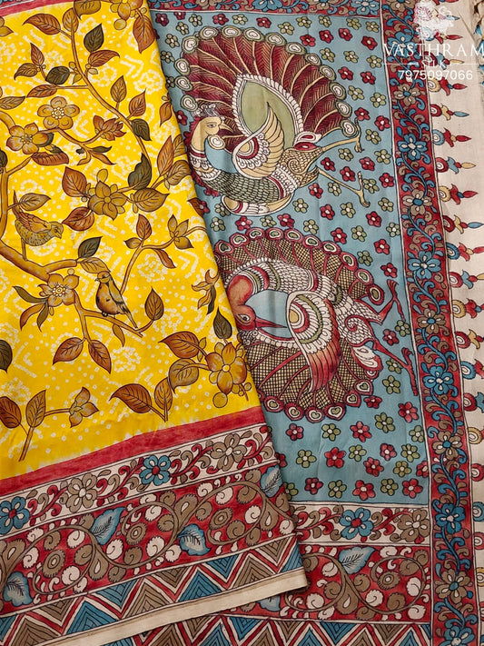 Yellow Colour Kanchivaram Silk Saree With Bandhini & Pen Kalamkari All Over Code : KA0414