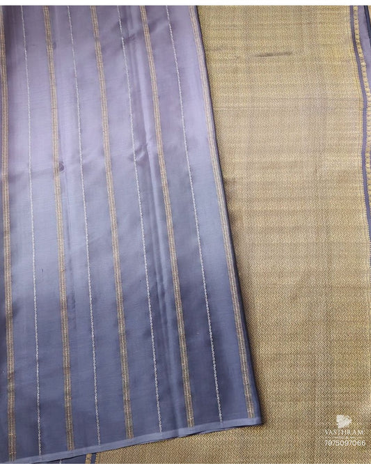 Grey Colour Kanchivaram Silk Saree With Zari Stripes All Over Code : MC011