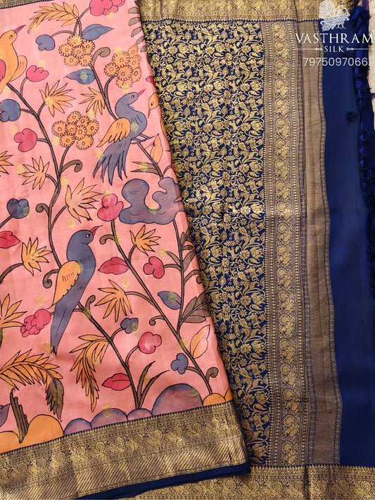 Peach Colour Powerloom Kanchivaram Silk Saree With Pen Kalamkari All Over Code : KA0421