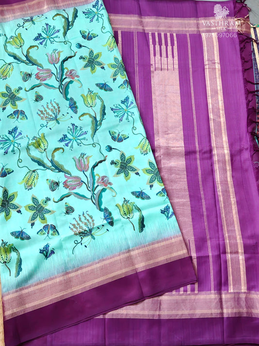Turquoise Colour Soft Silk Saree With Digital Print Code : KA0389
