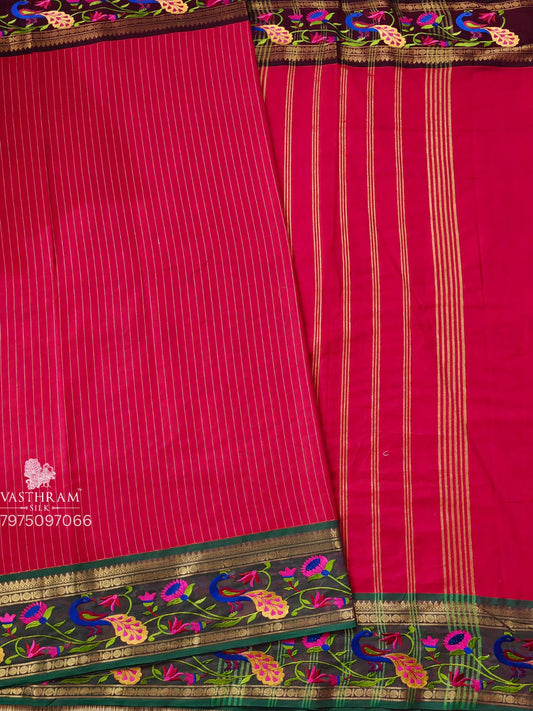 Pinkish Red Colour Cotton Saree With Zari Strips All Over Code : PC0015