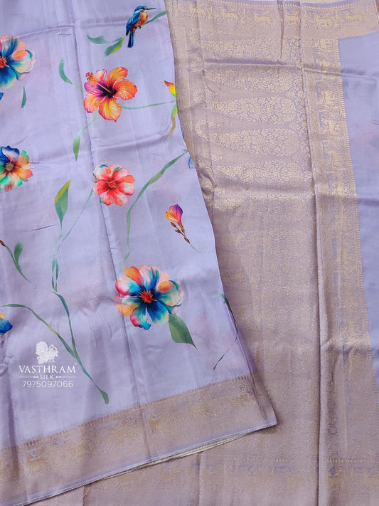 Lavender Colour Dola Silk Saree With Digital Floral Print Body Code : VB0481