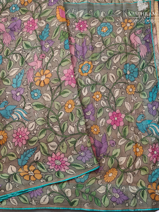 Grey Colour Organza Silk Saree With Pen Kalamkari All Over Code : VB0525