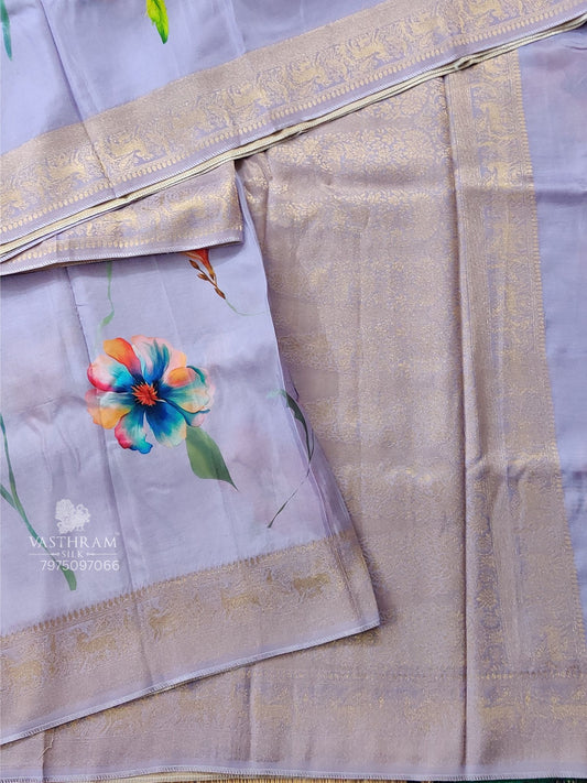 Lavender Colour Dola Silk Saree With Digital Floral Print Body Code : VB0481