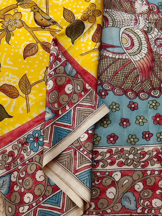Yellow Colour Kanchivaram Silk Saree With Bandhini & Pen Kalamkari All Over Code : KA0414