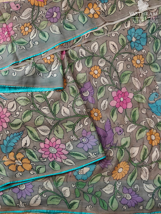 Grey Colour Organza Silk Saree With Pen Kalamkari All Over Code : VB0525