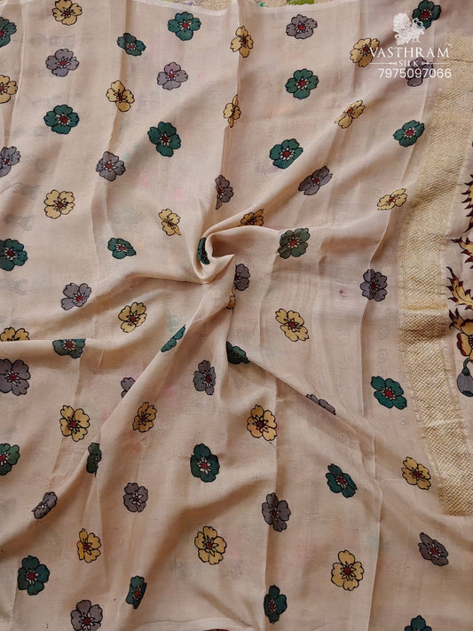 Cream Colour georgette Banarasi Saree With Pen Kalamkari All Over Code : VB0485