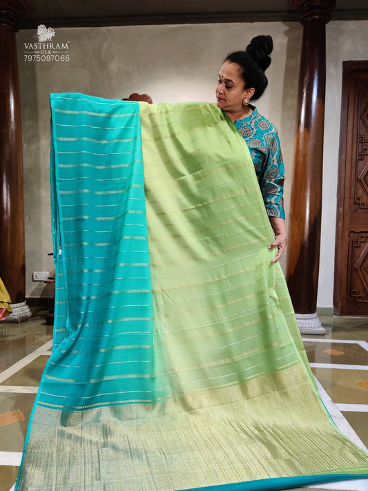 Light green & Rama Blue Colour Mysore Crepe Silk Saree With Zari Stripes All Over Code : MC007