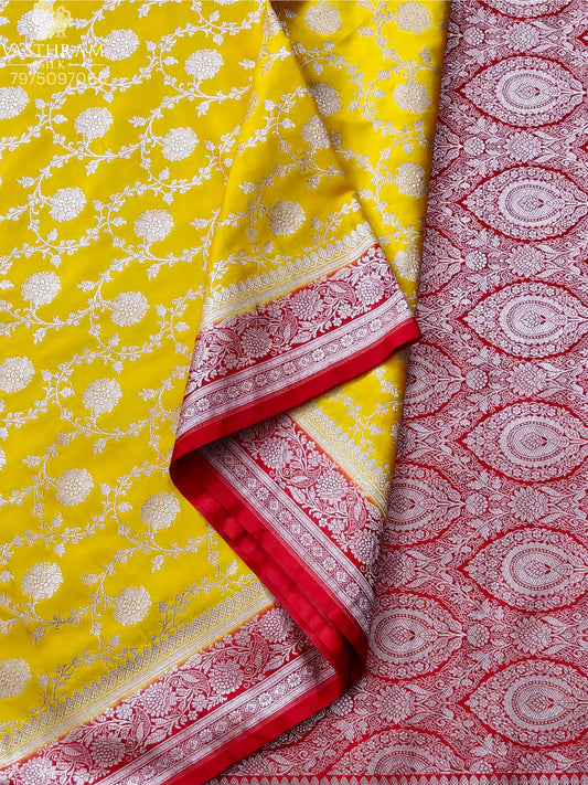 Yellow Colour Semi Banarasi Saree With Zari Motif All Over Code : VB0526