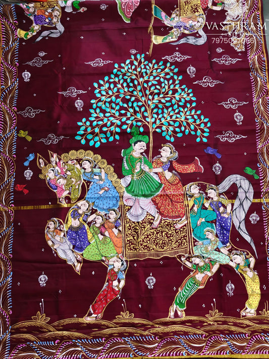 Maroon Colour Kanchivaram Silk Saree With Pattachitra Hand Painting All Over Code : KA0424