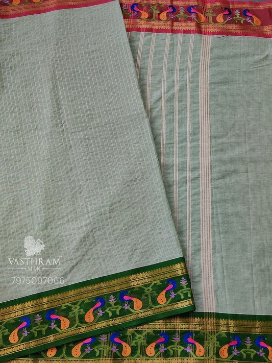 Pista Green Colour Cotton Saree With Zari Stripes All Over Code : PC013