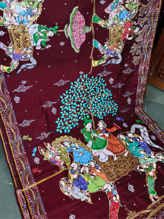 Maroon Colour Kanchivaram Silk Saree With Pattachitra Hand Painting All Over Code : KA0424