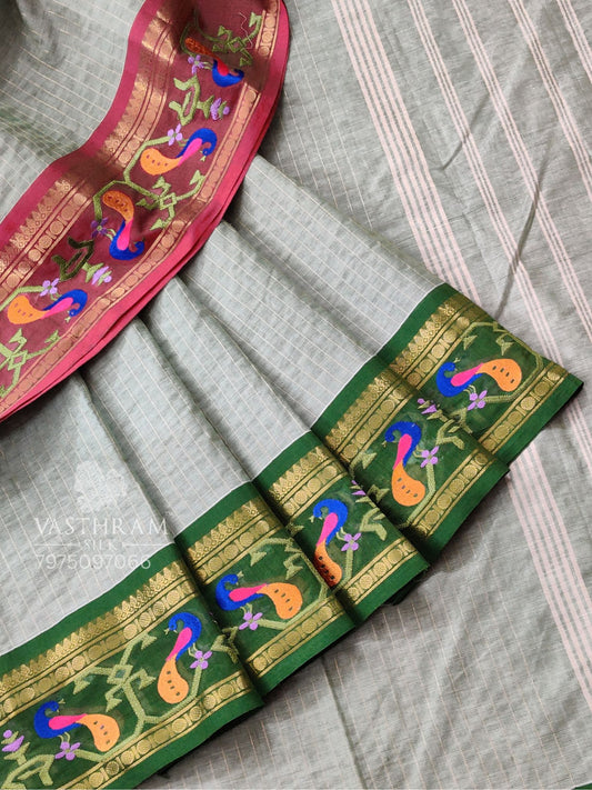 Pista Green Colour Cotton Saree With Zari Stripes All Over Code : PC013