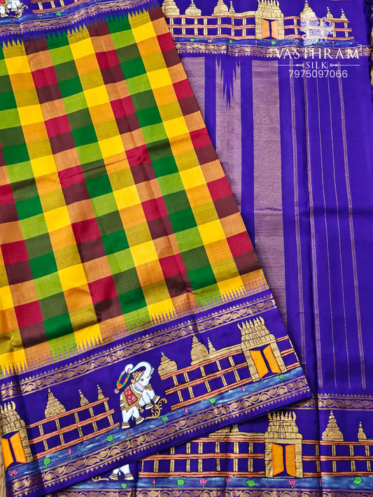 Multi Colour Kanchivaram Silk Saree With Checks Motif Body Code : KA0423