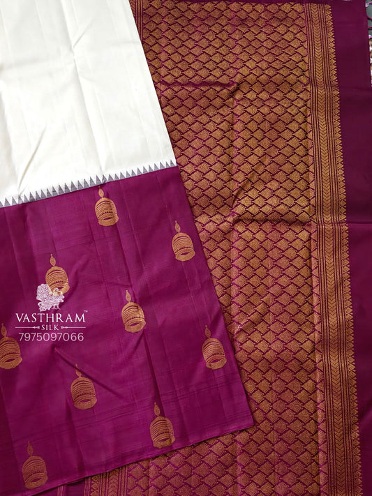 White & Magenta Colour Half/Half Kancivaram Silk Saree With Plain Body Code : KA0406