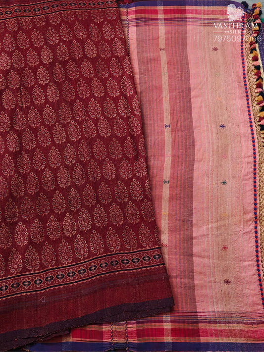Maroon Colour Tussar Bhujodi Saree With Ajrakh Print All Over Code : VB0519
