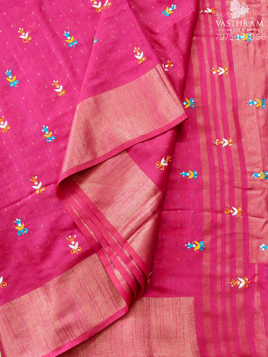 Pink Colour Raw Silk Saree With Embroidery Work All Over Code : KT025