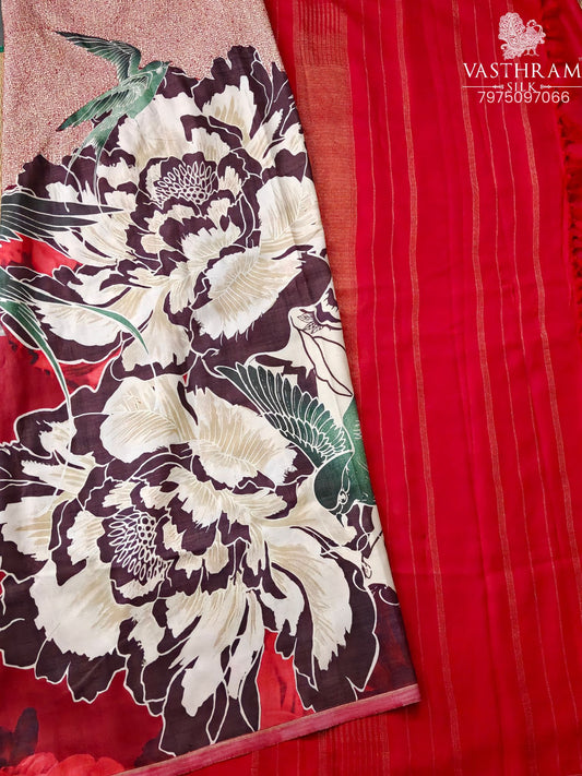 Cream & Red Colour Kanchivaram Silk Saree With Digital Print & Hand Thread Work All Over Code : KA0425