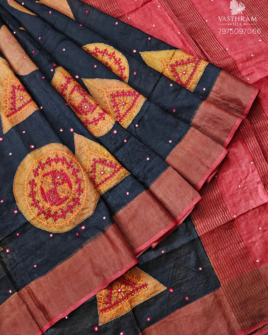 Black Colour Tussar Silk Saree With Kutch Cutdana Work All Over Code : KT023