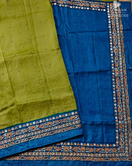 Mehandi Green Colour Tussar Silk Saree With Zero Zari Mirror Work All Over Code : KT023