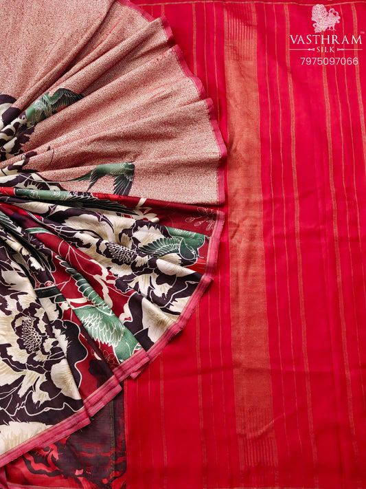 Cream & Red Colour Kanchivaram Silk Saree With Digital Print & Hand Thread Work All Over Code : KA0425