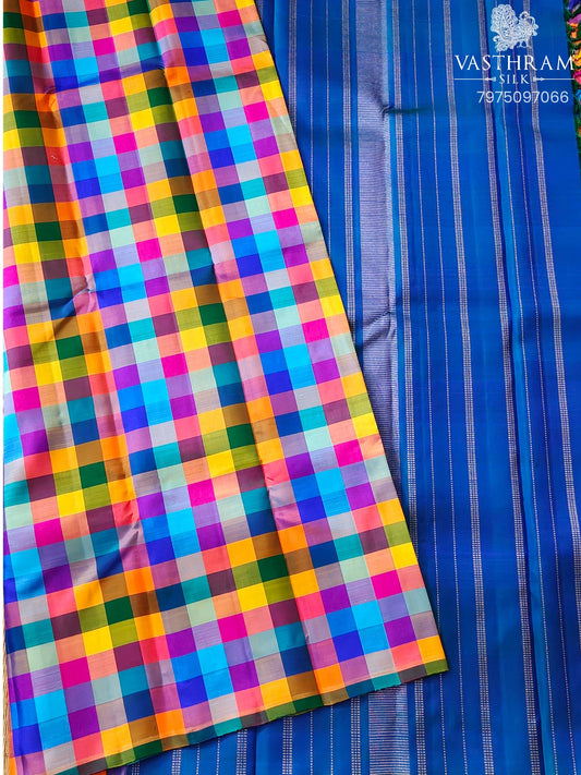 Multi Colour Kanchivaram Silk Saree With Checks All Over Code : KA0426