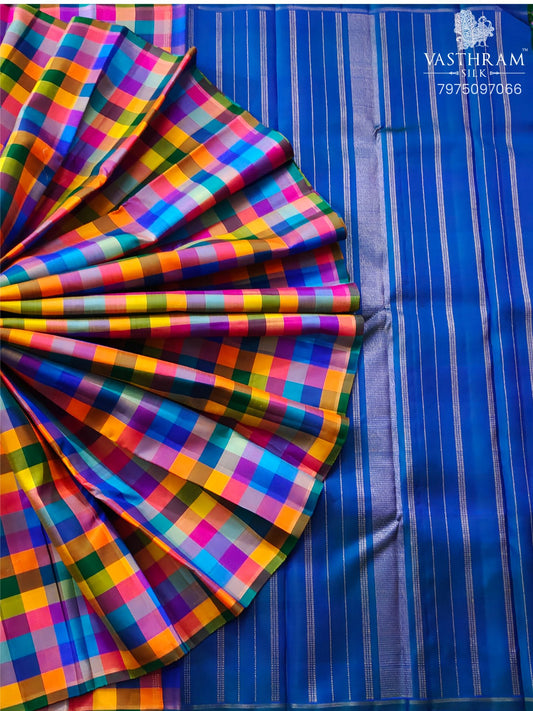 Multi Colour Kanchivaram Silk Saree With Checks All Over Code : KA0426