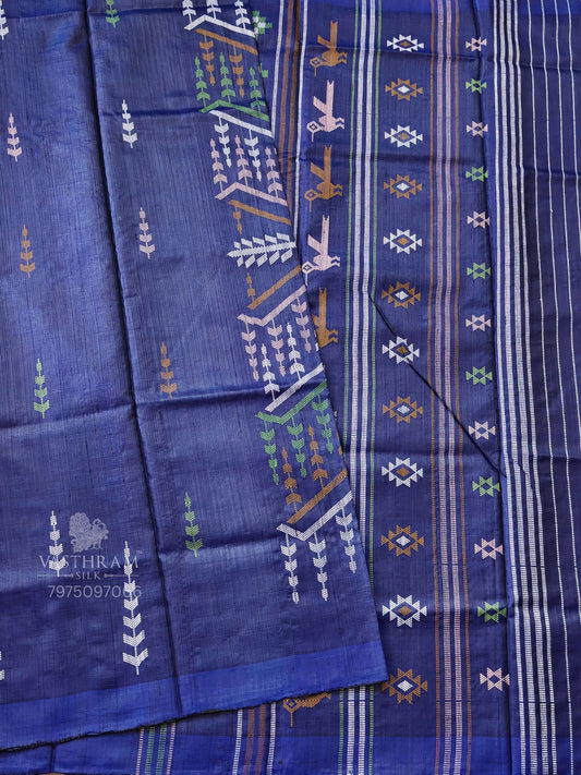 Blue Colour Tussar Silk Saree With Kantha Work All Over Code : VB480