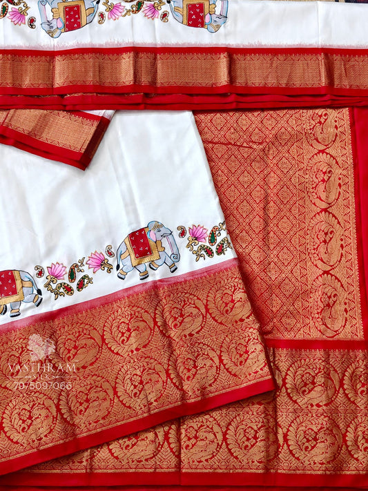 White Colour Double Ikkat Silk Saree With Plain Body & Thanjor Hand Painting Border Code : IK033