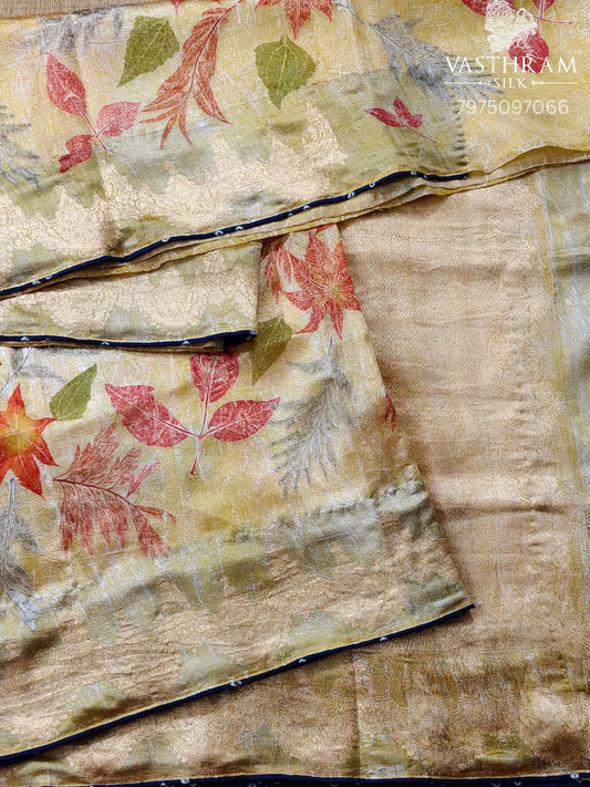 Yellow Colour Murshidabad Silk Saree With Eco Print All Over Code : KA0467