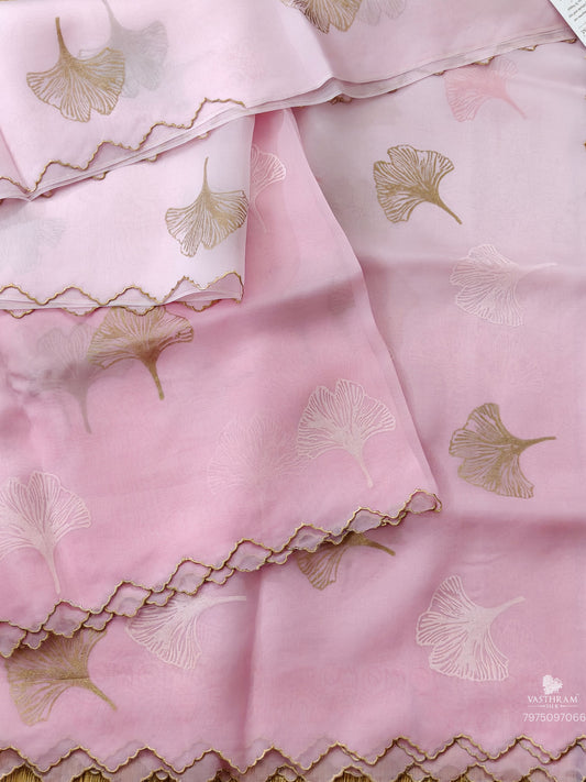 Baby Pink Colour Oraganza Silk Saree With Hand Block Print All Over Code :VB0462