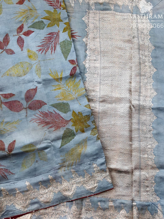 Blue Colour Murshidabad Silk Saree With Natural Eco Print All Over Code : KA0471