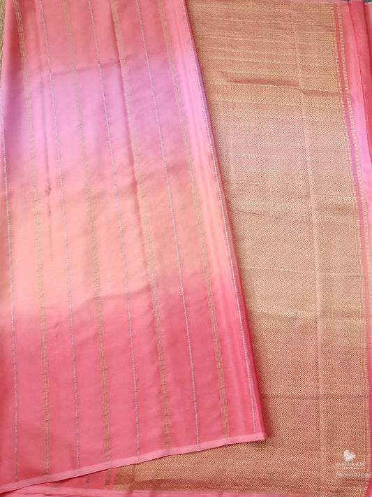 Pink And Peach Colour Mysore Crepe Silk Saree With Zari Strips All Over Code : MC006