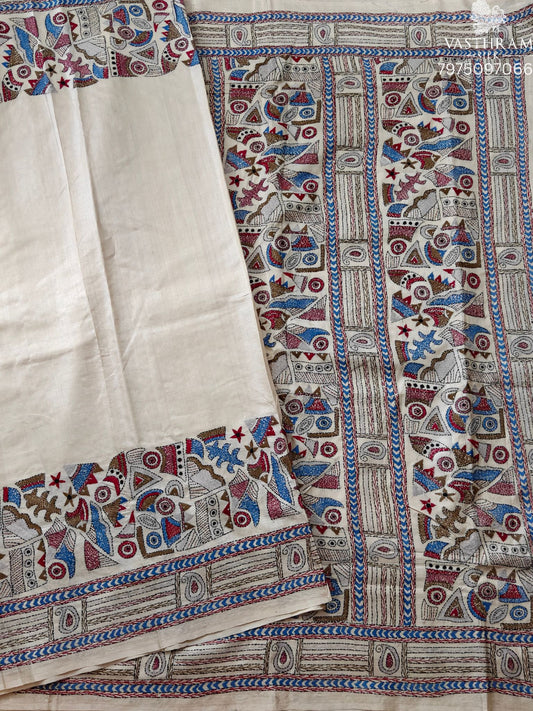 Cream Colour Tussar Silk Saree With Plain Body & Kantha Work Border Code : KT017