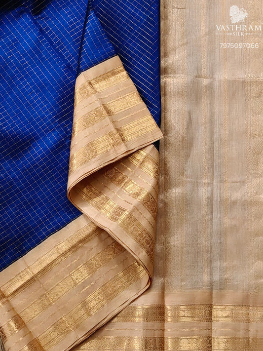 Blue Colour Silk Cotton Saree With Zari Checks All Over Code : SC038