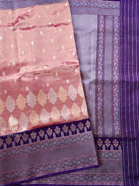 Onion Pink Colour Tissue Banarasi Saree With Silver & Gold Zari Motif All Over Code : VB0470