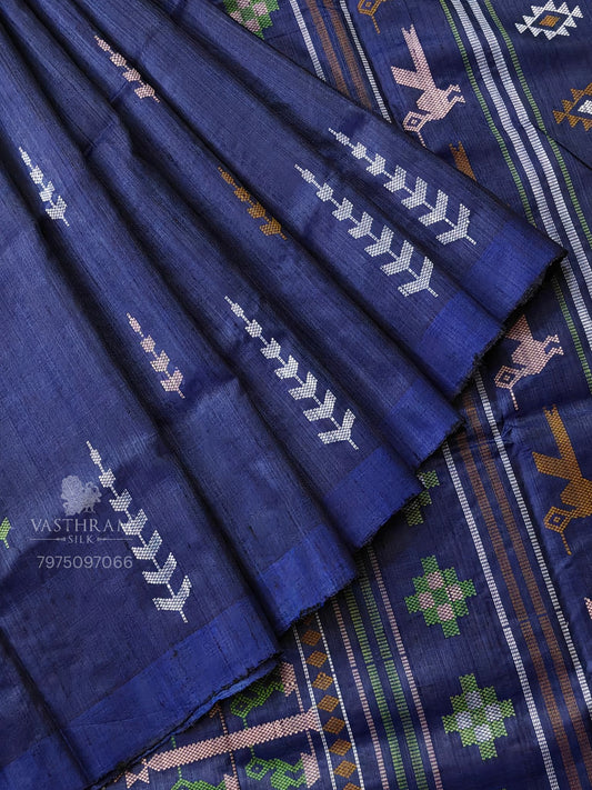 Blue Colour Tussar Silk Saree With Kantha Work All Over Code : VB480