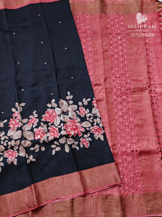 Black Colour Tussar Silk Saree With Zero Mirror Work & Digital Print All Over Code : VB0490