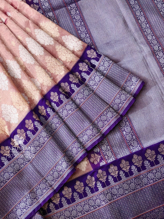 Onion Pink Colour Tissue Banarasi Saree With Silver & Gold Zari Motif All Over Code : VB0470