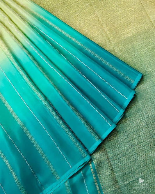 Light green & Rama Blue Colour Mysore Crepe Silk Saree With Zari Stripes All Over Code : MC007