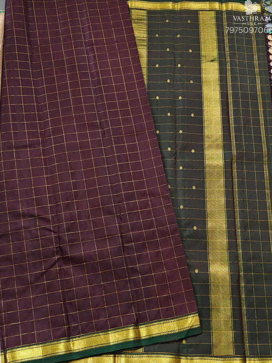 Coffee Brown Colour Kanchivarm Silk Saree With Zari Checks All Over Code : KA0437