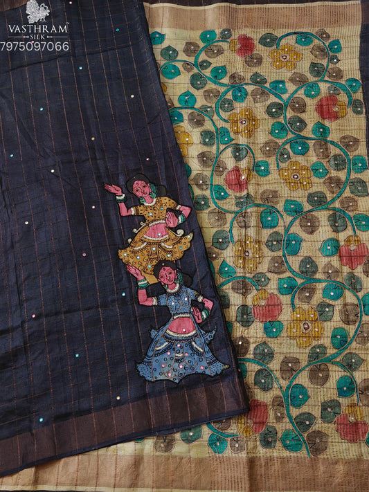 Black Colour Tussar Silk Saree With Zari Checks & Zero Mirror Work All Over Code : KT037