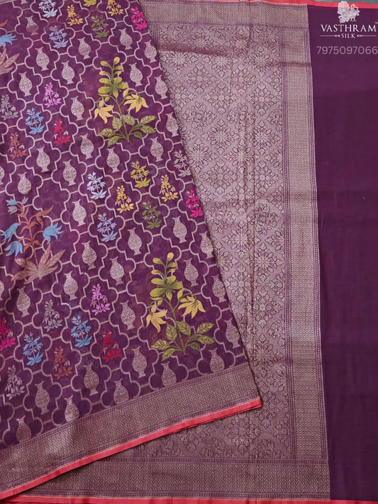 Wine Colour Banarasi Cotton With Thread Woven & Zari Motif All Over Code : VB0503
