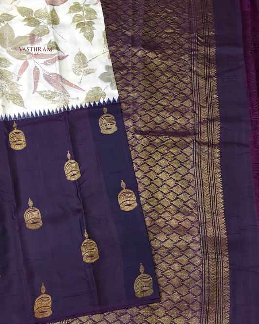 Cream And Snuff Colour Half And Half Kanchivaram With Ecoprint All Over