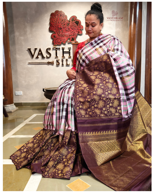 Cream & Brown Colour Kanchivaram Silk Saree With Checks & Silver & Gold Zari Butta All Over Code :