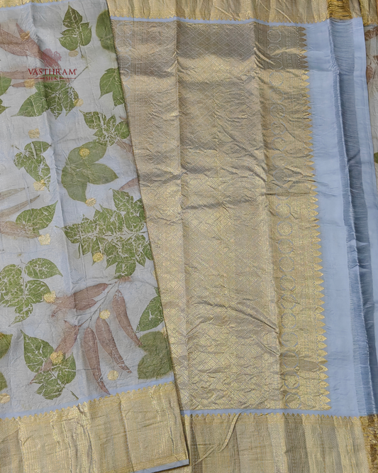 Grey Colour Vairaoosi Kanchivaram With Ecoprint All Over