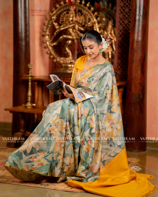 Multi Colour Pure Silk Kanchivaram Silk Saree With Floral Digital Print Code : VA202604